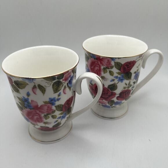 Lot Set of 2 Grace's Teaware Floral Coffee Cup Mug Pink/Blue Flowers Footed Base - Picture 2 of 8